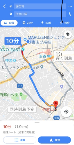 渋谷から代官山への地図
